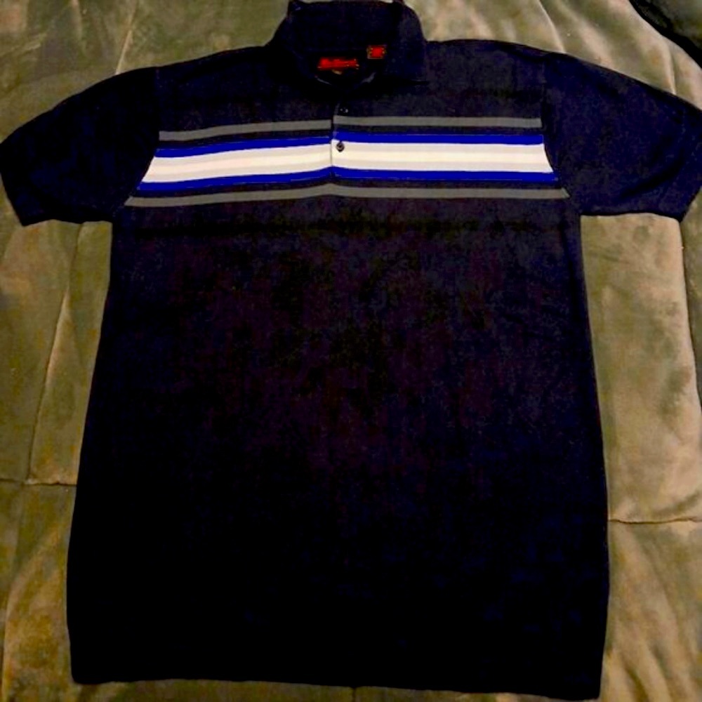 Vintage Ben Sherman Polo Blue White & Gray Stripe Men L Heavy Knitted Like New